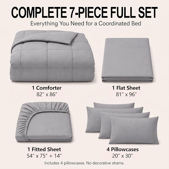 Full Size Comforter Sets Grey - 7 Pieces Bed in a Bag | OEKO-TEX Certified, All-Season, Bedroom, Guest Room, Down-Alternative Comforter + Flat & Fitted Sheets + 4 Pillowcases