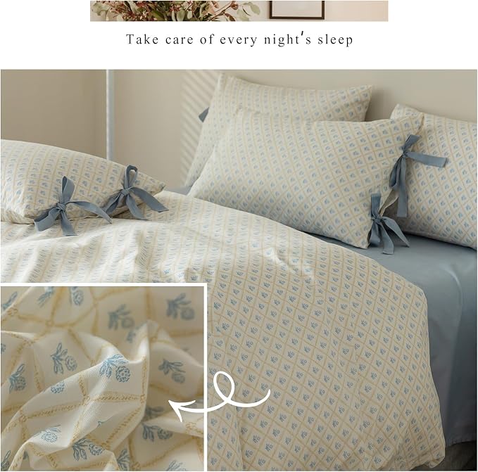 mixinni Blue Floral Duvet Cover Twin Size- 3 Piece Cottagecore Bedding Set with Bow Ties & Zipper Closure, 100% Cotton Soft Aesthetic Comforter Cover for Girls, Lightweight Breathable Country Style