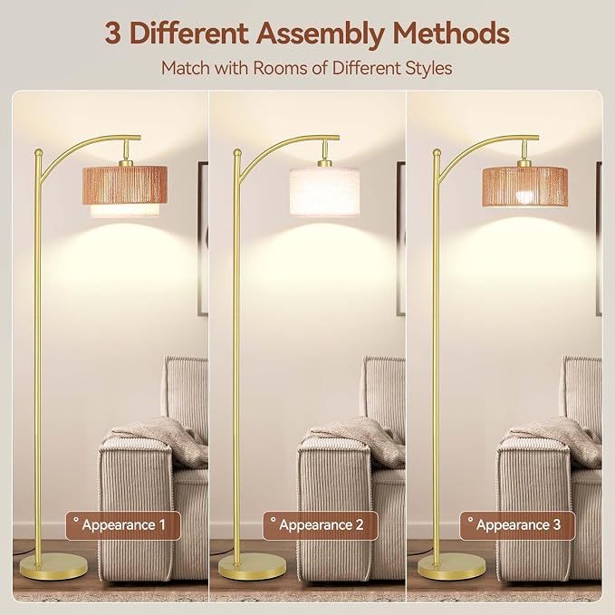 SUNMORY Arc Floor Lamps for Living Room, Rattan Standing lamp with 12W Bulb | Arched LED Lamp with 3 Color Temperatures, Farmhouse Floor Lamps with Adjustable Shades, Boho Floor Lamp for Bedroom, Corner