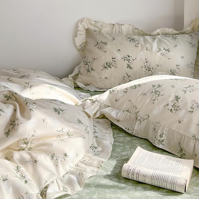 mixinni Reversible Sage Green Floral Duvet Cover Set Queen Size - 100% Cotton Cute Botanical Patterns Bedding Set with Ruffle Lace, 3PCs Beige Soft Aesthetic Cottagecore Style Duvet Cover for Girls