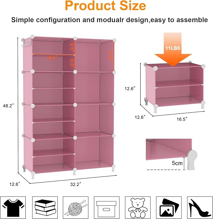 AWTATOS Closet Organizer 8 Cube Storage Shelves, Pink | Closet Storage, Clothes Organizers, Cubby Shelving for Closet Bedroom Living Room