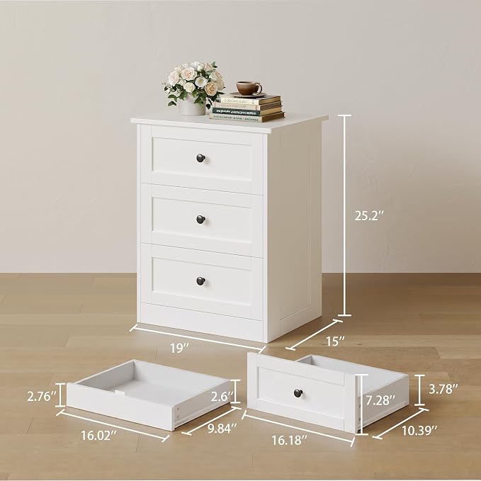 wanan Dresser for Bedroom Set of 2, White Modern 19'' Wide Wood Chest of Drawers with Hidden Drawer, Storage Organizer with Smooth Metal Rails & Anti-Tip Kit Living Room
