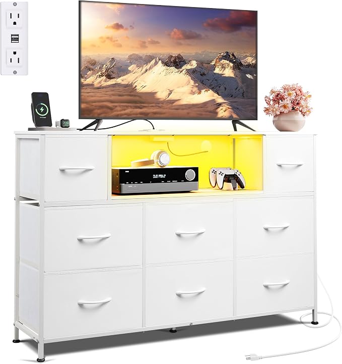 WLIVE LED Dresser TV Stand for 55 Inch TV, 8 Drawers, White | Fits TVs up to 55 inch, 8 fabric drawers, LED chest of drawers, Built-in power outlet, Living room or bedroom