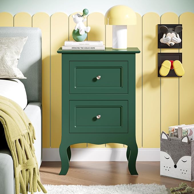 Bonnlo Green Nightstand Set of 2, Small Green Night Stands for Bedroom, Kids Room, Living Room, Wood, 15.75" W x 11.8" D x 23.6" H