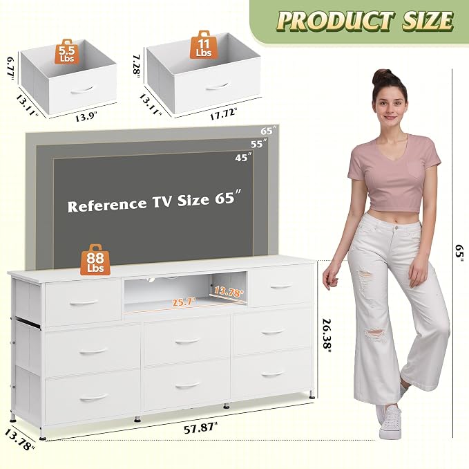 WLIVE LED Dresser TV Stand for 65 Inch TV, 8 Drawers, White | Fits TVs up to 65 inch, 8 fabric drawers, LED chest of drawers, Built-in power outlet, Living room or bedroom