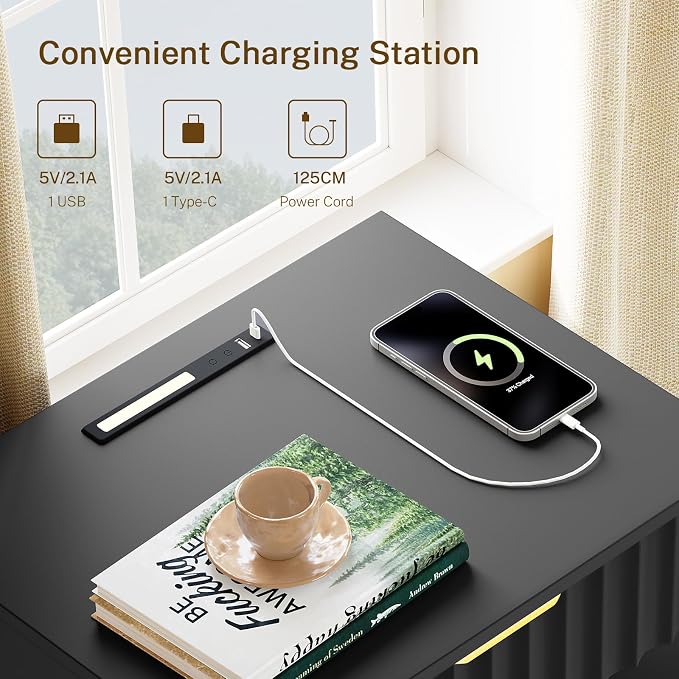 Fluted Nightstands Set of 2, Night Stand with Charging Station and LED Light, Nightstand with Storage Drawer and Open Shelf, Bedside Table for Small Space, Bedroom, Black