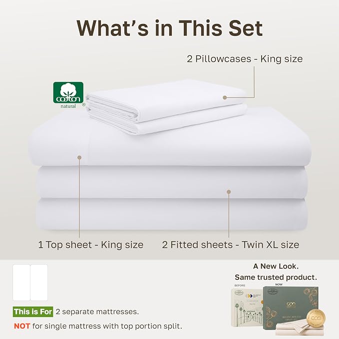 California Design Den 600 Thread Count Split King Sheets, 5 Pcs Set, White | 100% Cotton Sateen, Good Housekeeping Seal, Split King Sheets Sets for Adjustable Bed with 2 Separate Twin-XL Mattresses