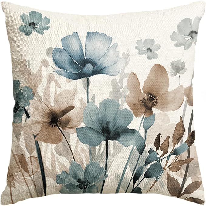 AVOIN colorlife Poppy Flowers Blue Brown Throw Pillow Cover 18x18 Inch | Chinoiserie Seasonal Leaves Cushion Case Decoration for Sofa Couch Farmhouse