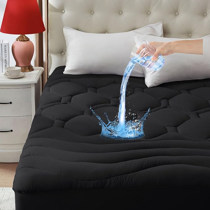 ELVEN HOME Full Size Mattress Pad Waterproof, Cooling Mattress Topper for Double Bed, Pillow Top Quilted Fitted Mattress Protector Cover with 8-21" Deep Pocket (54x75 inch, Black)