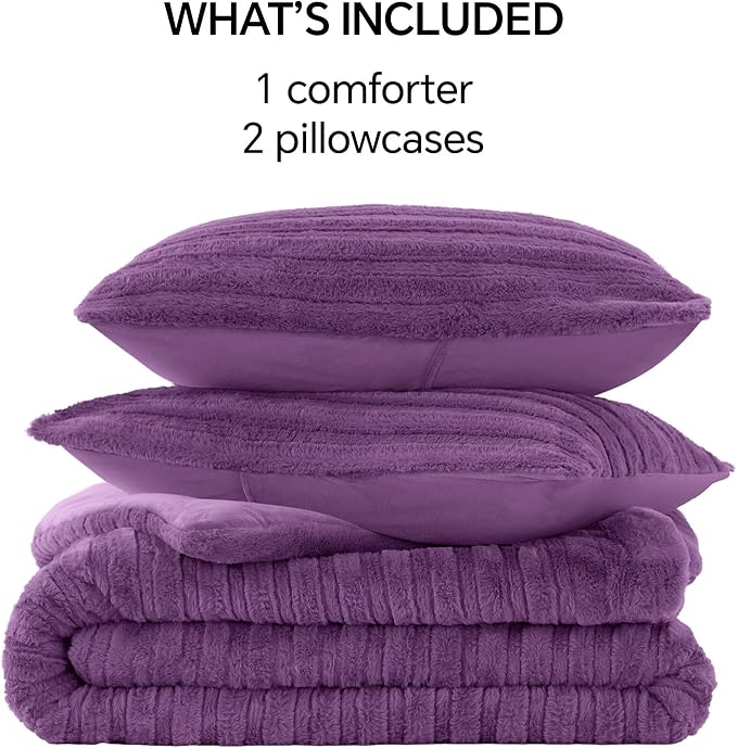 BEDELITE Faux Fur King Size Comforter Set, Fluffy Bed Set, Purple | Super Soft & Warm, Luxury Fuzzy Cozy Comforter for Winter, Heavy Plush Bed set, with 2 Pillowcases