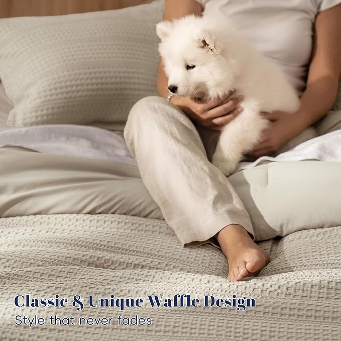 PHF Soft Waffle Duvet Cover Queen Size- Durable Breathable Waffle Weave Duvet Cover(90"x90") with 2 Pillow Shams, 3 Pieces Luxury Textured Bedding Set for All Season, Natural