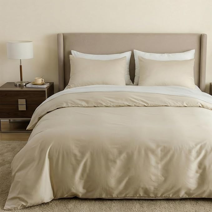 HeimenAogo Egyptian Cotton Duvet Cover Queen Size Sateen Weave, Silky Soft and Breathable Bedding Set with Zipper Closure, Long Staple Cotton Bed Linen (Linen Grey) 3Pcs