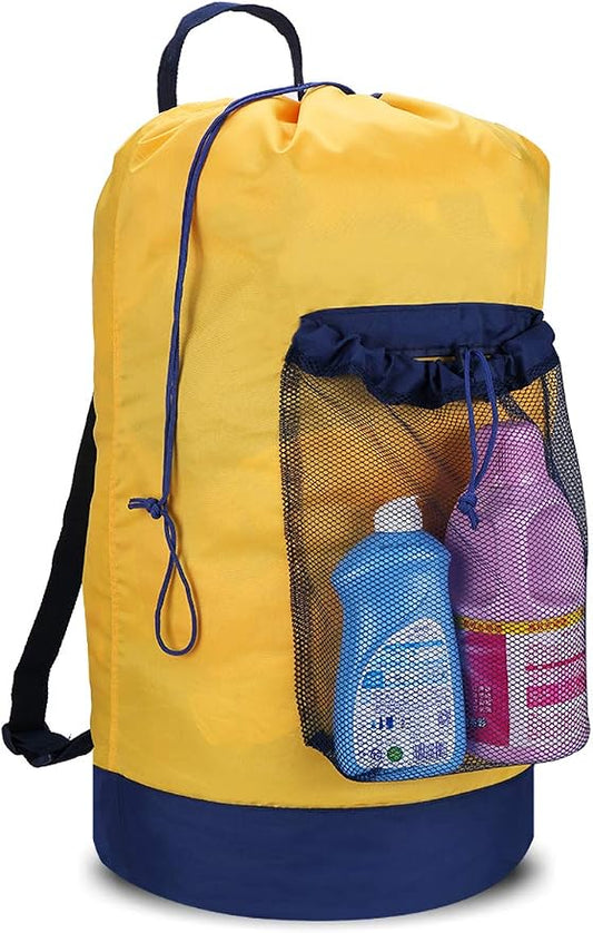 Backpack Laundry Bag, Laundry Backpack with Shoulder Straps and Mesh Pocket Durable Nylon Clothes Hamper Bag with Drawstring Closure for College, Travel, Laundromat, Apartment
