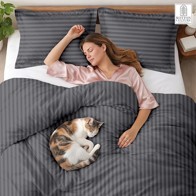 Kotton Culture 120"x98" 3 Pc Oversized King Duvet Cover Set 100% Egyptian Cotton - 600 Thread Count, Zipper Closure & Corner Ties - Fits Large King Inserts (Oversized King,Striped Dark Grey)