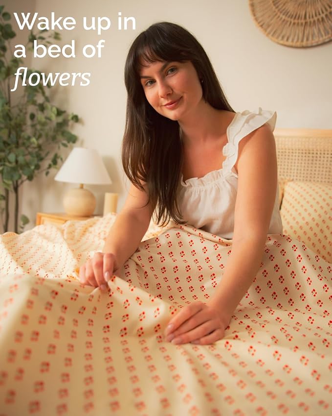 Queen 4 Piece Floral Sheet Set - Breathable & Cooling - Cherry Blossom Dot | 1 Flat, 1 Fitted & 2 Pillowcases w/ Deep Pockets, Boho Botanical Floral Bedding, Breathable & Cooling, Wrinkle & Fade Free
