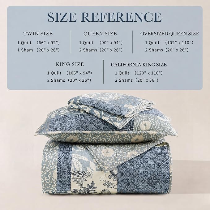California King Quilt Set-3 Pieces Soft Bedspread Floral Patchwork Quilt | Lightweight Blue Quilt, Reversible Vintage Floral Bedding Set, All Seasons Bed Coverlet with 2 Pillow Shams, 120"x110"