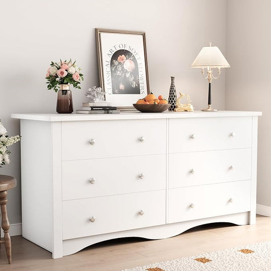 Shahoo Dresser for Bedroom with 6 Drawers, 47.2" Wood Dresser | Chests of Drawers, Anti-tip, Storage Organizer, TV Stand for Living Room, Closet, Hallway, Dormitory, Deep White