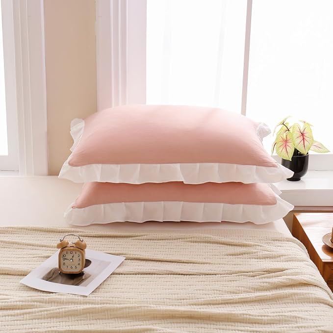 Merryword Pink Pillow Shams Pink and White Reversible King Pillowcases Cute Pillow Cover Set of 2 Soft Shabby Chic Ruffled Pillowcases 2 Pack (King (20''x36''), Pink White)