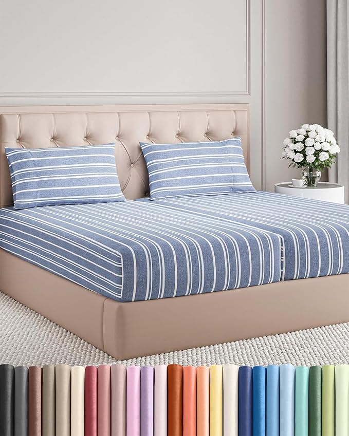 Split King Size 5 Piece Sheet Set - Breathable & Cooling - Blue Stripes | Hotel Luxury Bed Sheets for Women & Men, Deep Pockets, Easy-Fit, Comfy, Soft and Wrinkle Free Sheets, Oeko-Tex Bed Sheet Set