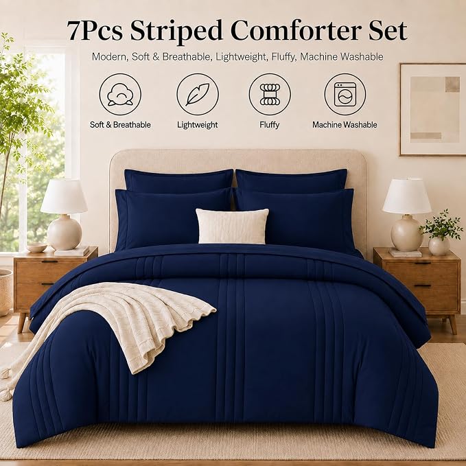Queen Comforter Set Navy - Bed in a Bag Queen Size 7 Pieces, Soft Bedding Set for All Seasons, Premium Queen Comforter Set with Comforter, Sheets, Pillowcases & Shams