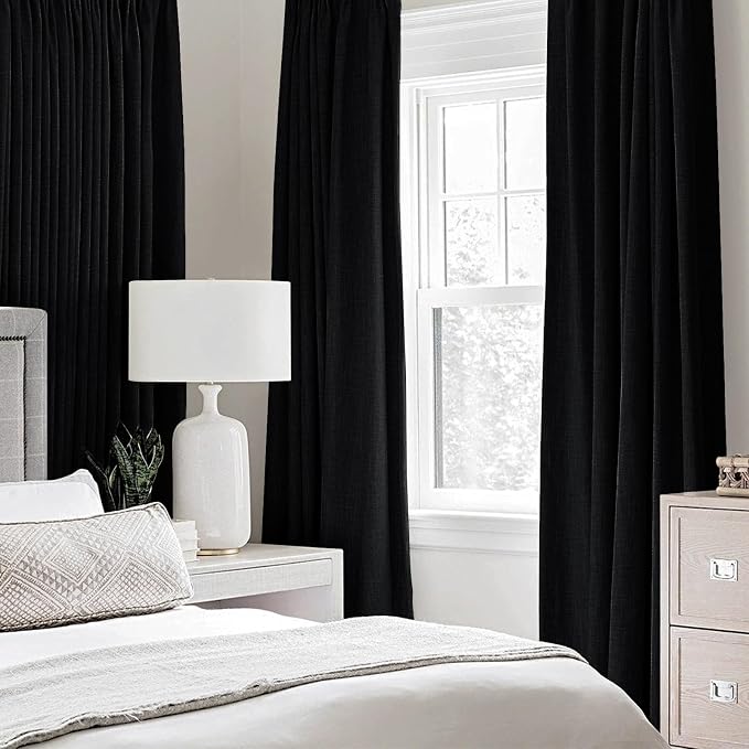 MIULEE 100% Blackout Linen Curtains for Bedroom 52x72 Inches Black | Room Darkening, Light Blocking, Thermal Insulated, Grommet Top, Linen Textured, Window Curtains for Living Room, 2 Panels