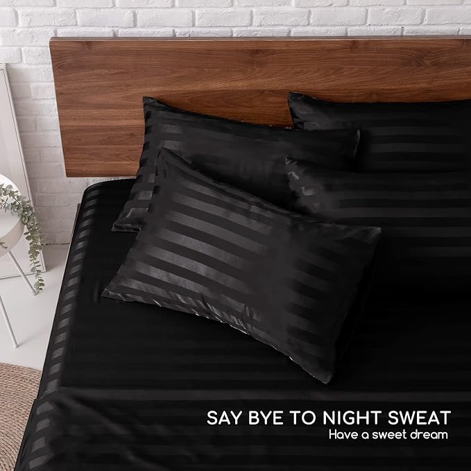 MR&HM Satin Sheets King Size with Elastic Corner Straps, Black Striped | Similar to Silk, 6-Piece Silky Soft Bed Sheet Set, Gentle on Skin and Hair, 15" Deep Pocket, Cooling & Breathable