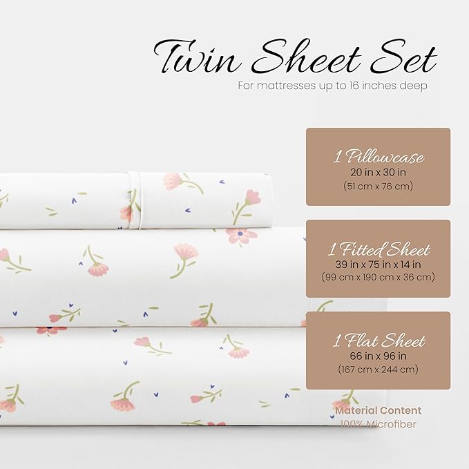Linen Market Double-Brushed Patterned Microfiber Twin Sheet Set 3 Piece – Oeko-TEX Certified Ultra Soft & Wrinkle-Free - 16" Deep Pocket Sheets - Easy Care Twin Size - Soft Floral Pink