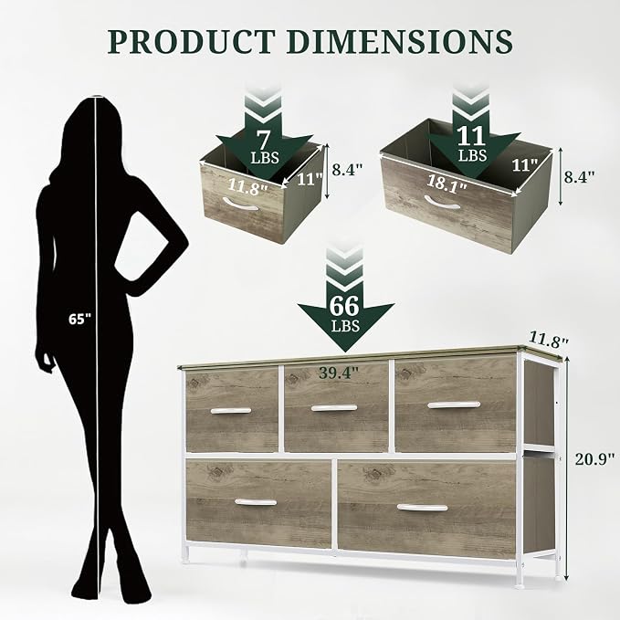 5-Drawer Dresser for Bedroom, Anti-Tip Wide Storage Organizer Fabric | Chest of Drawers TV Stand for 45" TV with Wooden Top and Metal Frame for Closet, Living Room, Hallway, Entryway, Greige Oak