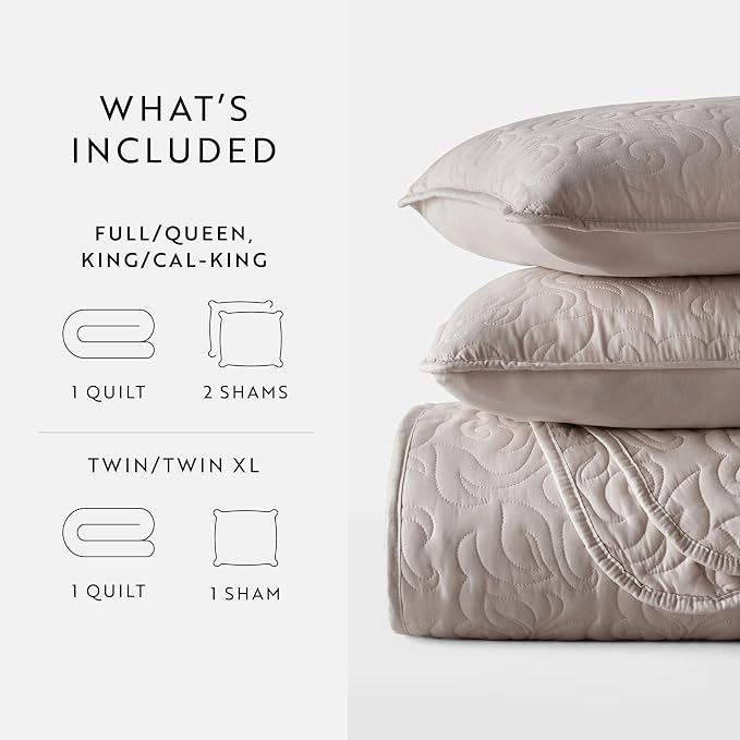 Merit Linens Modern Quilt Coverlet Soft Set in Floral Stitching - Twin/TwinXL Latte