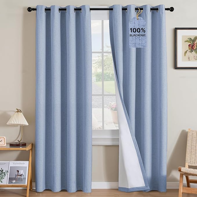H.VERSAILTEX Linen Curtains 100% Blackout Curtains for Bedroom 90 inch Long Full Light Blocking Nature Linen Blended Window Curtains for Living Room Nickel Grommet (2 Panels, Heathered Chambray Blue)