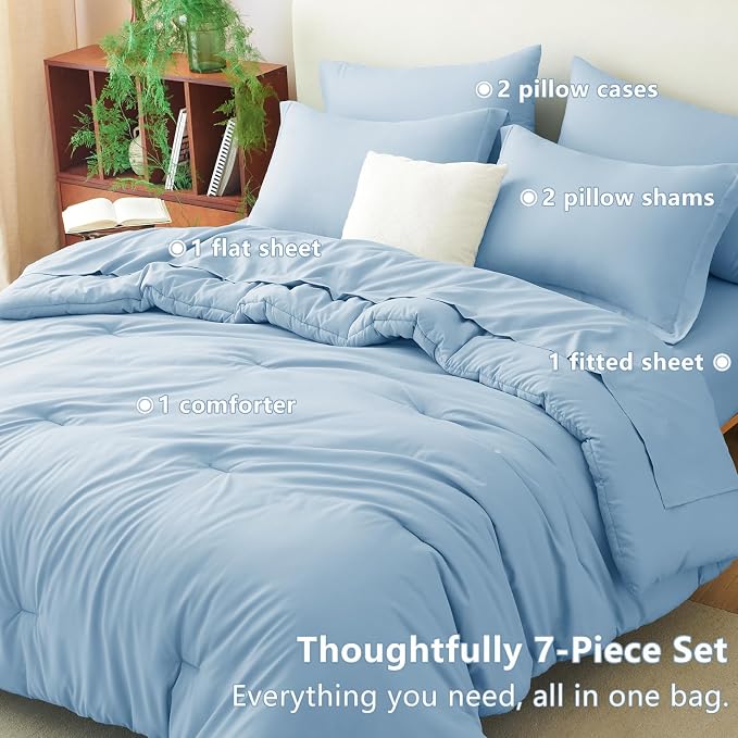 Queen Comforter Set Baby Blue, 7 Pieces Bed in a Bag | OEKO-TEX Certified, All-Season, Bedroom, 240GSM Down Alternative Comforter, Flat & Fitted Sheets, 2 Pillowcases & 2 Shams