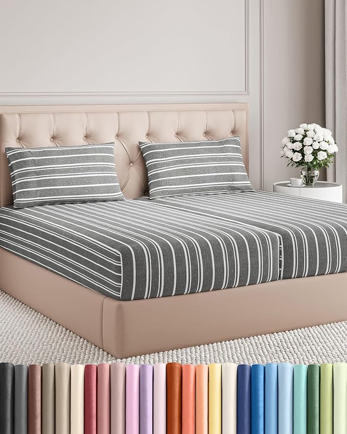 Split King Size 5 Piece Sheet Set - Breathable & Cooling - Grey Stripes | Hotel Luxury Bed Sheets for Women & Men, Deep Pockets, Easy-Fit, Comfy, Soft and Wrinkle Free Sheets, Oeko-Tex Bed Sheet Set