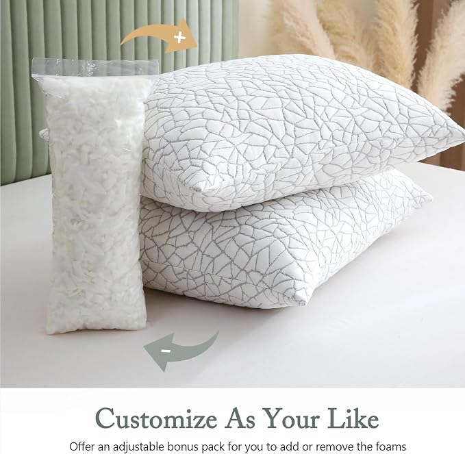 BPC Premium Rayon Derived from Bamboo Firm Pillows Queen Size Set of 2 - Hypoallergenic Shredded Memory Foam Pillows with Removable Cover Bed Pillows for Side Stomach and Back Sleepers, CertiPUR-US