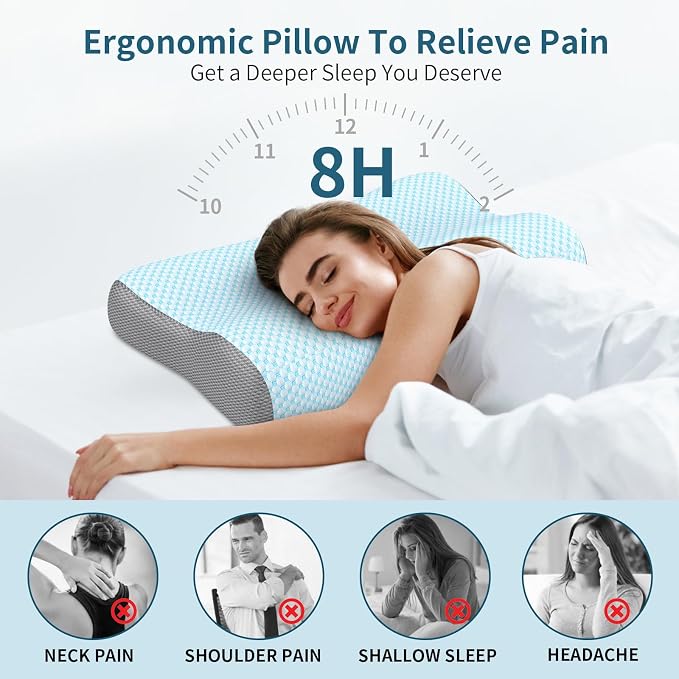 Cervical Neck Pillow for Pain Relief, Contour Memory Foam Pillows for Sleeping, Ergonomic Pillow Orthopedic Cooling Pillow Bed Pillow Neck Support for Side Back Stomach Sleepers(Light Blue)