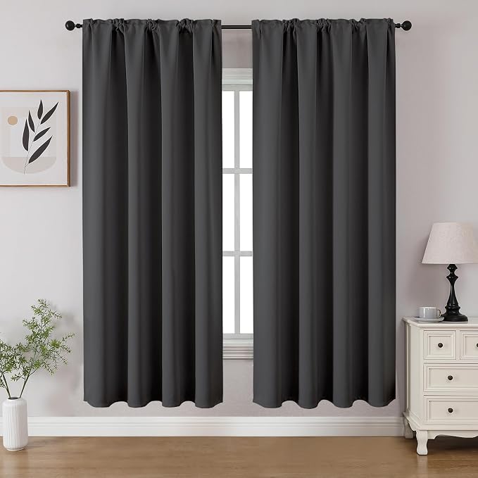 CUCRAF Dark Grey Blackout Curtains 63 inch Length 2 Panels Set, Rod Pocket Room Darkening Drapes for Bedroom Living Room, Insulated Thermal Light Blocking Window Curtain (W52 x L63 Inch)