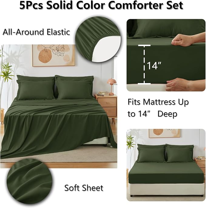 Twin XL Comforter Olive Green, 5 Pieces Bed in a Bag | College Dorm Essentials, OEKO-TEX Certified, 240GSM Down Alternative Comforter, Flat & Fitted Sheets, Pillowcase & Sham