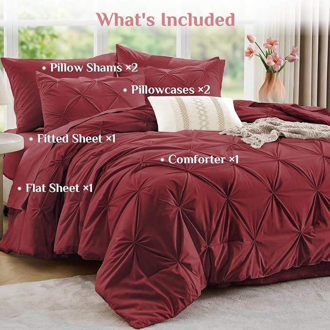 JOLLYVOGUE King Size Comforter Set 7 Pieces - Bed in a Bag King for All Season, Pintuck Bedding Comforter Sets with Comforter, Flat Sheet, Fitted Sheet and Pillowcases & Shams, Burgundy