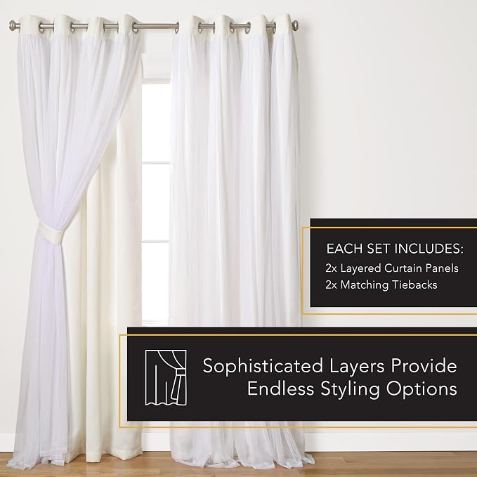 TOWN & COUNTRY LUXE Talia Double Layer Indoor Curtains, Sheer and Room Darkening Blackout, Grommet Top, Energy Efficient, 2-Pack Set, 52"x120", Vanilla