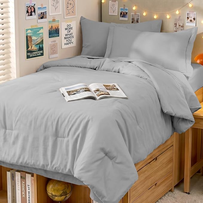 5 Pieces Twin XL Comforter Set, Soft Bed in a Bag Twin XL Size, All Season Bedding Set with Comforter, Flat Sheet, Fitted Sheet, Pillowcases & Shams, Light Grey