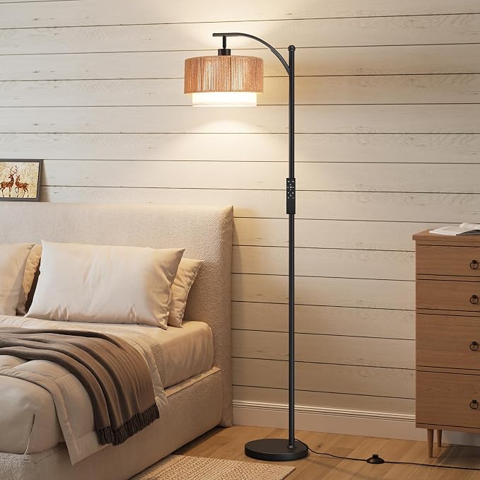 SUNMORY Arc Floor Lamps for Living Room with 12W Remote and Dimmable Bulb | Farmhouse Floor Lamps with Adjustable Rattan & Fabric Shades, LED Lamp, Boho Standing Lamp for Bedroom, Corner, Home Decor