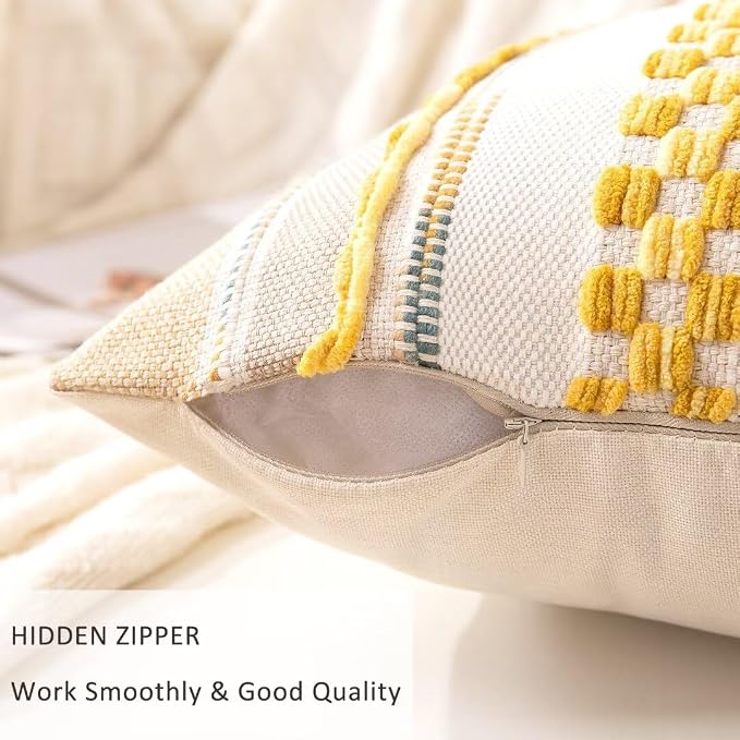 Boho Throw Pillow Covers Decorative Neutral Farmhouse Pillow case | 18x18 Set of 2 Cushion Case Striped Square Pillows Cover Couch Pillow Cases Accent Pillowcase for Sofa Bed,Yellow