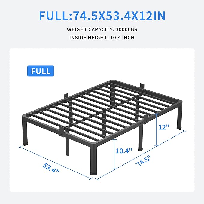 MAF 12 Inch Full Size Metal Platform Bed Frame with Round Corner Legs | Mattress Baffle, 3000 LBS Heavy Duty Steel Slat Support, Noise Free, No Box Spring Needed, Easy Assembly, 10.4" Storage Space