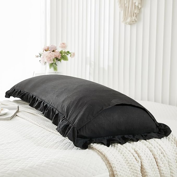 Black Body Pillow Cover 20x54inches Long Pillowcase Ruffled Pillowcases Shabby Chic Ruffled Fringe Decor Body Ruffled Pillow Sham Cute Pillowcase (1 Body, Black)