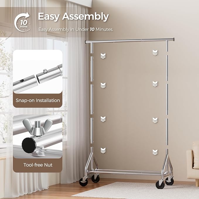 HYSEYY Clothes Rack, Rolling Clothing Rack for Hanging Clothes Load 380 LBS Portable Garment Rack with Sturdy Wheels, Metal Coat Rack Wardrobe Closet for Bedroom Laundry living Room, Silver