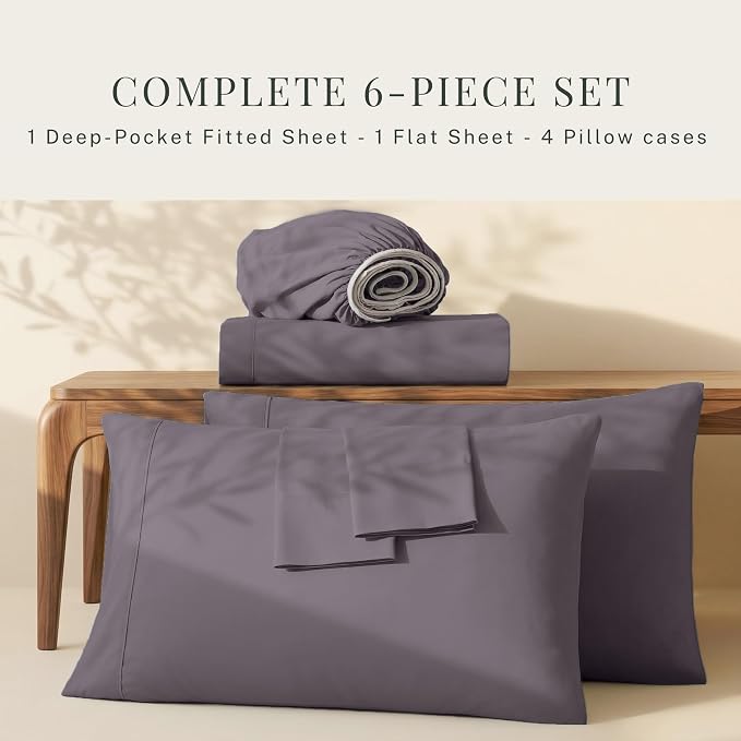 Hearth & Harbor Bed Sheets, Luxury Soft 6 Piece Bed Sheet Set Extra Deep Pocket Fitted Sheets Fits Mattress up to 21", Double Brushed Bedding Sheets & Pillowcases, King Purplish Gray