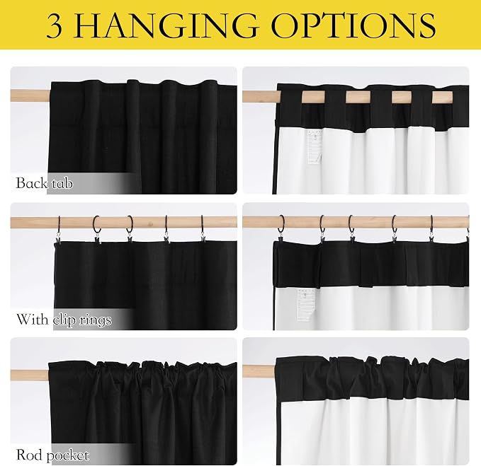 NICETOWN Vintage Rod Pocket 100% Blackout Curtains 84" Long for Dining Room | Flax Thermal Insulated & Soundproof Window Treatment Drapes for Hall Room, Black, 52" Wide Per Panel, Set of 2