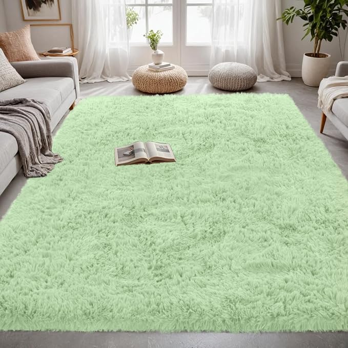 5x7 Fluffy Shag Area Rugs for Living Room Bedroom: Soft Carpet Mint Green | Upgraded Non-Slip Thick Memory Foam, Ultra Soft, Non-Shedding Fuzzy Carpet, Easy Clean Decor for Kids Room, Nursery, Playroom