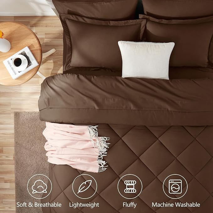 Super King Plus Comforter Set Brown - 7 Pieces Bed in a Bag | OEKO-TEX Certified, All Season, 240GSM Down-Alternative Comforter, Sheets, Pillowcases & Shams, 14" Deep Pocket, Easy Care