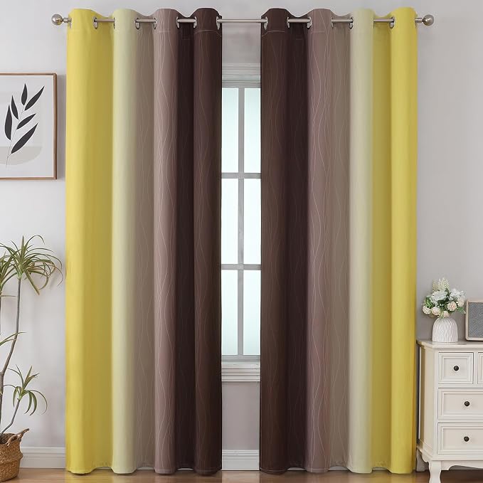 Brown and Yellow Blackout Curtains 52Wx96L Inch 2 Panels | Thermal Insulated Ombre Drapes for Bedroom 96 Inch Long,Room Darkening,Energy Saving,Grommet Curtains for Living Room