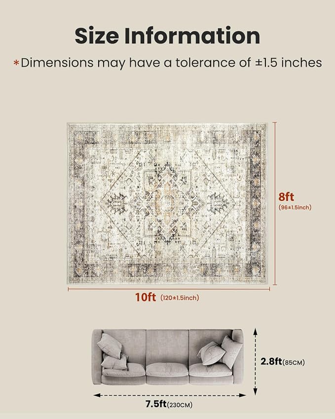 AMADA HOMEFURNISHING Washable Area Rug, Low-Profile Large Area Rug with Non-Slip Backing & Durable Edge Binding, Vintage Large Rugs for Living Room, Bedroom, Dinning Room, 8x10, Grey/Beige